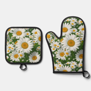 Ensemble De Gant De Cuisine Et De Manique Classic marguerite motif blanc champs fleuris verd
