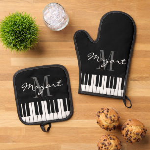 Ensemble De Gant De Cuisine Et De Manique Clés de piano noir et blanc monogramme personnalis