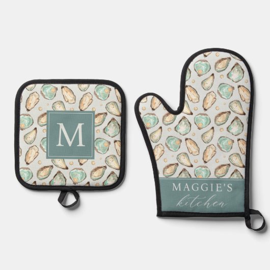 Ensemble De Gant De Cuisine Et De Manique Coastal Oyster Shell Monogram (Recto)