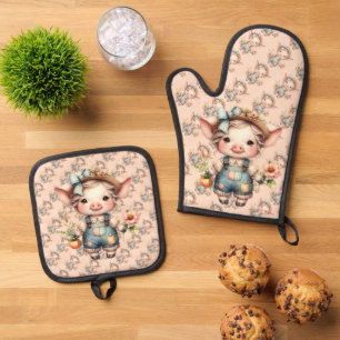 Ensemble De Gant De Cuisine Et De Manique Cochon fermier mignon dans les salons avec fleurs