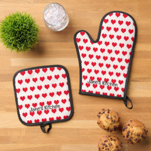 Ensemble De Gant De Cuisine Et De Manique Coeurs rouges mignons (nom)