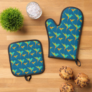 Ensemble De Gant De Cuisine Et De Manique Colibris Exotiques Motif Bleu