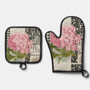 Ensemble De Gant De Cuisine Et De Manique Collage d'hortensia rose chic Art damassé vintage