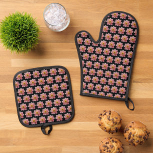 Ensemble De Gant De Cuisine Et De Manique Collarette rose Dahlia motifs floraux sur noir