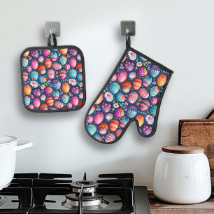 Ensemble De Gant De Cuisine Et De Manique Coloré Oeuf de Pâques Motif amusant