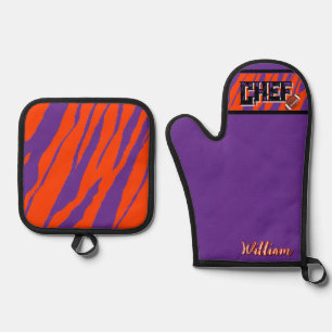 Ensemble De Gant De Cuisine Et De Manique Conception de football orange violet rayure de tig