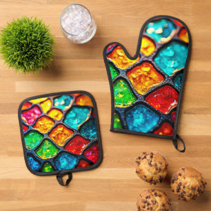 Ensemble De Gant De Cuisine Et De Manique Conception de lueur d'art en verre coloré teinté d
