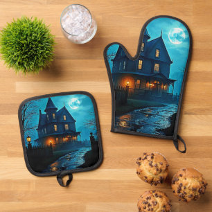 Ensemble De Gant De Cuisine Et De Manique Conception de nuit au clair de lune bleu du manoir
