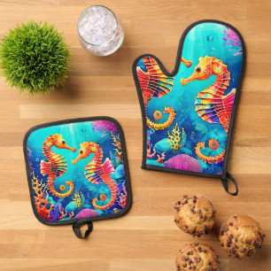 Ensemble De Gant De Cuisine Et De Manique Conception de paire de hippocampes colorés