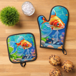 Ensemble De Gant De Cuisine Et De Manique Conception de poisson d'or coloré à réservoir