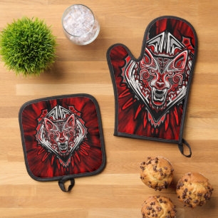 Ensemble De Gant De Cuisine Et De Manique Conception de totem tribal Haida Loup