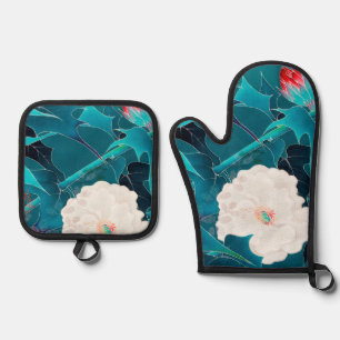Ensemble De Gant De Cuisine Et De Manique Conception florale japonaise
