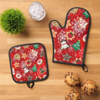 Ensemble De Gant De Cuisine Et De Manique Cookies de Noël et flocons de neige en rouge
