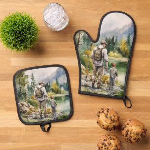 Ensemble De Gant De Cuisine Et De Manique Cool Père Son pêche cabine lac maison