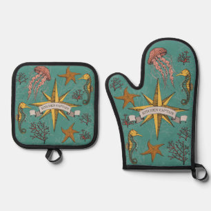 Ensemble De Gant De Cuisine Et De Manique Cool Turquoise Vert Cuisine nautique Capitaine Sea