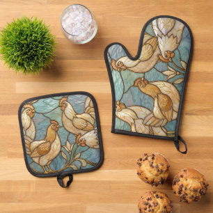Ensemble De Gant De Cuisine Et De Manique Coqs en Verre Cathédrale Élégant Fermette Poule