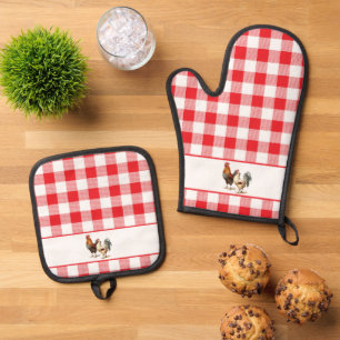 Ensemble De Gant De Cuisine Et De Manique Coqs sur Carreaux à Damier Rouge et Blanc