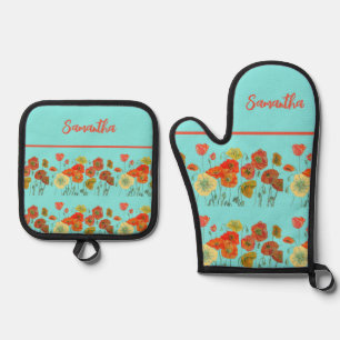 Ensemble De Gant De Cuisine Et De Manique Coquelicots Fleur Art Floral Aqua Rouge Orange Jau