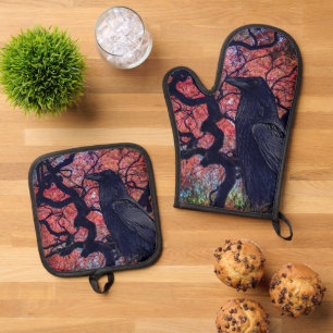 Ensemble De Gant De Cuisine Et De Manique Corbeau noir et érable gris japonais