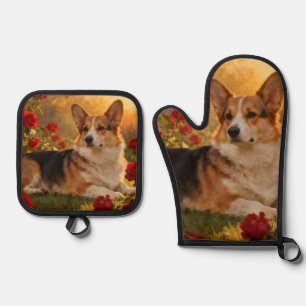 Ensemble De Gant De Cuisine Et De Manique Corgi dans les Roses VI