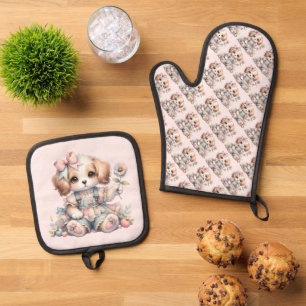 Ensemble De Gant De Cuisine Et De Manique Cosy Kawaii Cottagecore Farmcore Chiot Style