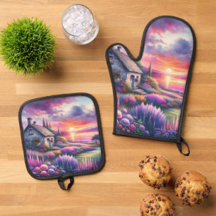 Ensemble De Gant De Cuisine Et De Manique Cottage au coucher de soleil pastel Jardin au bord