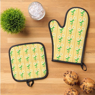 Ensemble De Gant De Cuisine Et De Manique Cottage Campagnard Blanc Jaune Tournesols Verts