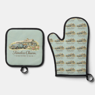 Ensemble De Gant De Cuisine Et De Manique Cottage Fleur Sauvage Camion Bleu Vintage Calme