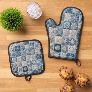 Ensemble De Gant De Cuisine Et De Manique Couche de flocons de neige bleu et blanc