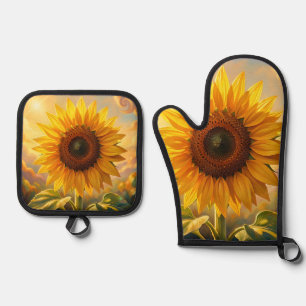 Ensemble De Gant De Cuisine Et De Manique Coucher de soleil au tournesol doré radieux