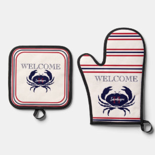 Ensemble De Gant De Cuisine Et De Manique crabe blanc bleu marine monogrammé