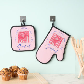 Ensemble De Gant De Cuisine Et De Manique Crabe Rose Côté Mer
