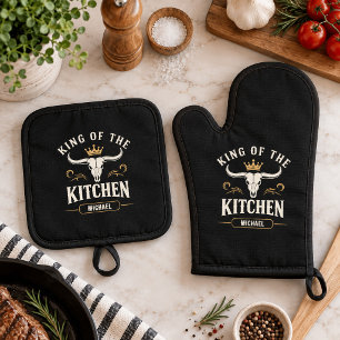Ensemble De Gant De Cuisine Et De Manique Crâne de Longhorn occidental rustique nom personna