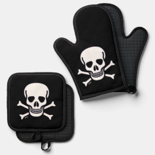 Ensemble De Gant De Cuisine Et De Manique Crâne n Bones noir soie mitaines de four porte-pot