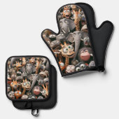 Ensemble De Gant De Cuisine Et De Manique Crazy Wildlife Group (Recto/Verso)