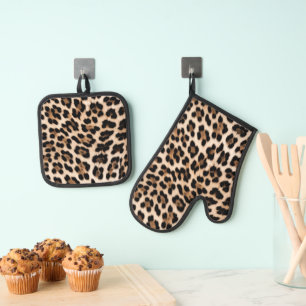 Ensemble De Gant De Cuisine Et De Manique Creamme Brown animal léopard noir