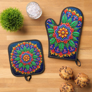 Ensemble De Gant De Cuisine Et De Manique Création vibrante de mandalas