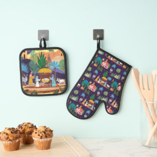 Ensemble De Gant De Cuisine Et De Manique Crèche dessinée à la main Noël