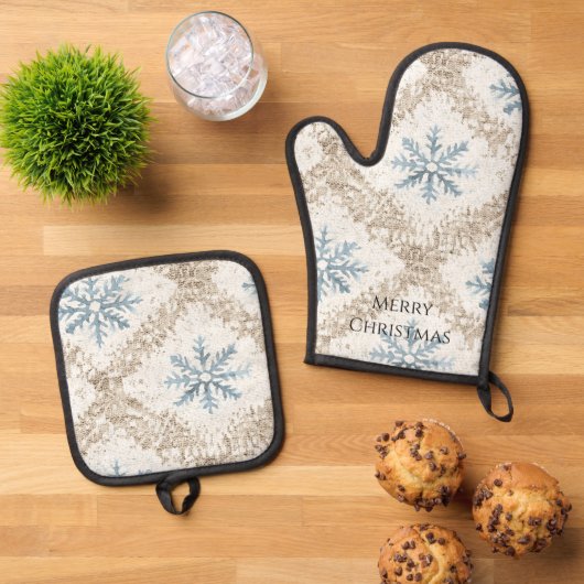 Ensemble De Gant De Cuisine Et De Manique Crème bleue Snowflakes Noël (De haut en bas)