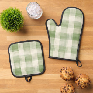 Ensemble De Gant De Cuisine Et De Manique Crème Verte Occidentale Carreaux Rayures Campagne 