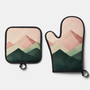 Ensemble De Gant De Cuisine Et De Manique Crête Pastel – Paysage de Montagne Géométrique #1