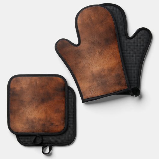 Ensemble De Gant De Cuisine Et De Manique Cuir Brown Faux (Recto/Verso)