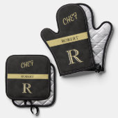 Ensemble De Gant De Cuisine Et De Manique Cuir noir Texture Chef Monogramme Nom (Recto/Verso)