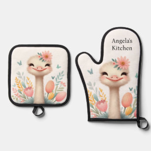 Ensemble De Gant De Cuisine Et De Manique Cuisine de Luxe : Autruche et Fleurs