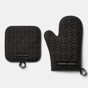 Ensemble De Gant De Cuisine Et De Manique Cuisine de Luxe : Damassé Noir Nom Personnalisé