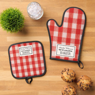 Ensemble De Gant De Cuisine Et De Manique Cuisinier personnalisé à carreaux rouges