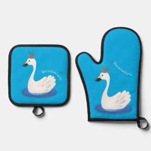 Ensemble De Gant De Cuisine Et De Manique Cute cygne blanc avec dessin de la couronne