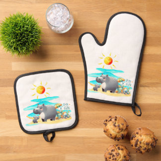 Ensemble De Gant De Cuisine Et De Manique Cute Hippo Fun in the Sun Beach Day