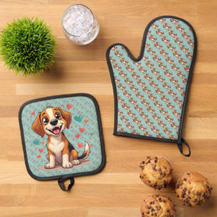 Ensemble De Gant De Cuisine Et De Manique Cute Kawaii Beagle avec Coeurs Jouer Chien