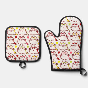 Ensemble De Gant De Cuisine Et De Manique Cute Kawaii Chats et Coeurs Motif